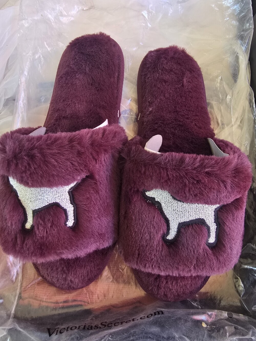 PINK Plush Fuzzy Slide Slippers in Deep Berry - Picture 2 of 4